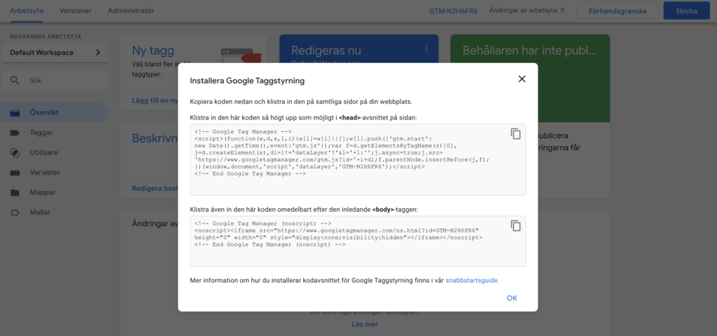 google tag manager installera script